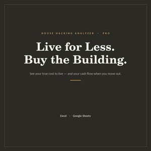 Op de afbeelding: Een donkergrijze digitale afbeelding met de titel House Hacking Analyzer Pro. De tekst luidt: Live for Less. Buy the Building. See your true cost to live — and your cash flow when you move out. Daaronder staan de woorden Excel en Google Sheets.