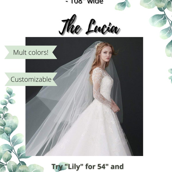 The Lucia - Drop veil, Meghan Markle inspired veil **108 in. wide** white to ivory, blush, cut edge, glimmer, two tier with comb
