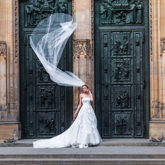 1-Tier 108 Ivory Cathedral Bridal Veil Edged With Crystal Rhinestone,  Pearl & Bugle Bead Trim