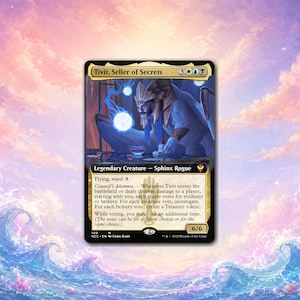 May include: A Tivit, Seller of Secrets trading card featuring a blue-skinned sphinx rogue with a large headdress, holding a glowing orb. The card text includes the name, mana cost, creature type, and game rules, with a power and toughness of 6/6.