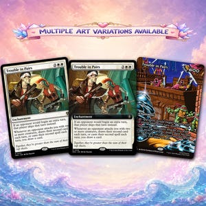 May include: Three Trouble in Pairs trading cards featuring two different art styles. Two cards show a duo in a dark setting, while the third card displays a comic-style illustration of turtles. The text Multiple Art Variations Available is at the top.