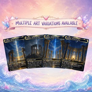 May include: Four Nykthos, Shrine to Nyx trading cards featuring dark, atmospheric illustrations of ancient stone columns under a starry sky, with a banner above reading Multiple Art Variations Available in a soft, pastel-colored setting.
