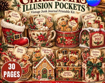 May include: A Christmas-themed junk journal printable kit featuring 30 pages of pocket designs. The image displays various festive illustrations including a stocking, a teacup, a mailbox, a toy chest, and a gingerbread house with text.