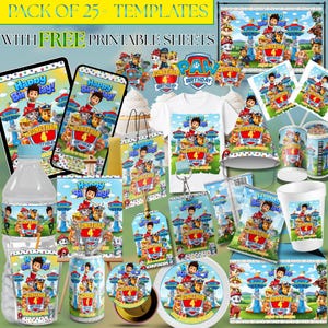 Editable Pup Birthday Bundle, Editable 25+ Item Kids Party Kit, Custom Water Bottle Chip Bag Invitation favour tag, Digital Download