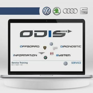 May include: A laptop screen displaying the ODIS Offboard Diagnostic Information System interface. The screen features logos for Volkswagen, Skoda, Audi, Seat, Lamborghini, Bentley, and Porsche, along with the text Service Training 08.11 VGAIT 1/23.