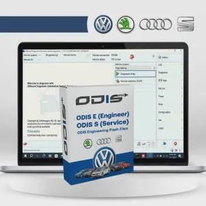 Puede incluir: Una caja de software etiquetada como ODIS E Engineer y ODIS S Service con el logotipo de Volkswagen y gráficos de automóviles, colocada frente a una pantalla de computadora que muestra la interfaz del sistema de diagnóstico con varios logotipos de marcas.