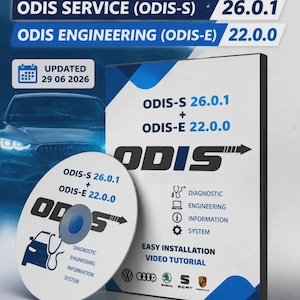 Puede incluir: Un paquete de software con un disco blanco y una caja rectangular, ambos etiquetados como ODIS-S 26.0.1 y ODIS-E 22.0.0. El diseño incluye el logotipo de ODIS, iconos de diagnóstico y los logotipos de Volkswagen, Audi, Skoda, Seat y Porsche. El texto indica una fecha de actualización del 29 06 2026.