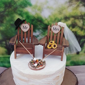 Adirondack chair-roasting marshmallows-camp fire-wood chairs-marshmallows on sticks-camping theme-wedding cake-cake topper-country-rustic