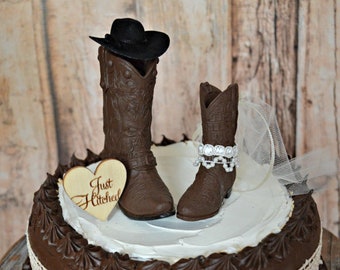 cowgirl Just hitched western wedding cowboy boot cake topper western bride and groom barn ranch farm tractor wedding cowboy decorated boots