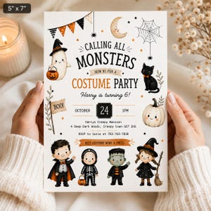 May include: A 12.7 cm by 17.8 cm Halloween costume party invitation featuring a ghost, black cat, pumpkin, and children in costumes. The text reads Calling All Monsters, Join Us For A Costume Party, Harry is turning 6, October 24, 1PM, Harrys Creepy Mansion, 4 Deep Dark Woods, Creepy town G67 2HG, RSVP to Suzie at 783-763-7838, and Best Costume Wins A Prize.