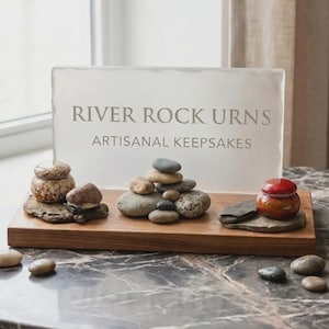 May include: A rectangular wooden display board holds three small urns and a stack of river rocks. A frosted glass sign behind the items reads RIVER ROCK URNS ARTISANAL KEEPSAKES. The urns are textured, one is tan, one is red, and one is brown.