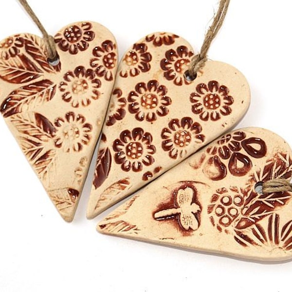 Sale - Three hearts, ceramic, beige, brown,  spring garden ornamet, dragonfly, home decor - 3 pieces