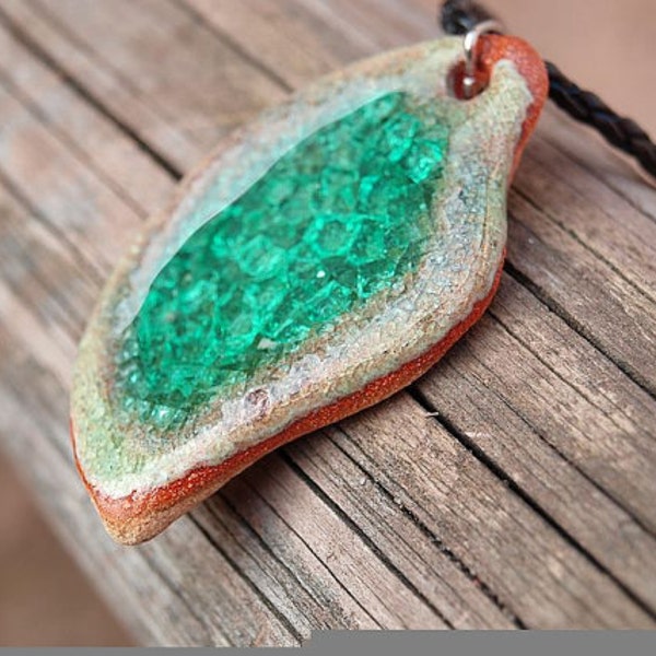 Green pendant - Unisex, pottery,  rustic style,  hand made  - ceramics