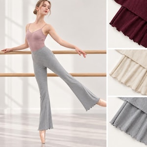 High-Waisted Flared Dance Pants , Soft Ribbed Knit Ballet Warm-Up Pants