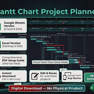 Könnte beinhalten: Eine digitale Gantt-Chart-Projektplaner-Vorlage mit einer Dark-Mode-Oberfläche, Aufgaben-Zeitplänen, Meilensteinen und Budgetverfolgung. Enthält Symbole für Google Sheets, Excel und eine PDF-Anleitung sowie Textbeschriftungen für den Sofort-Download.