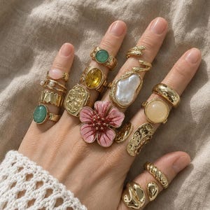 Bagues Boheme Set aus goldenem Edelstahl, verstellbare Blumen-Designs