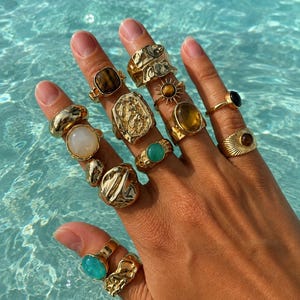 Gold Ring Set for Women, Vintage Stackable Rings, Turquoise Stone Rings, Chunky Boho Rings, Statement Jewelry, Gift for Her