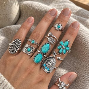 Turquoise Ring Set, Boho Silver Rings, Western Stacking Rings, Vintage Statement Ring Collection, Handmade Style Jewelry Gift for Women