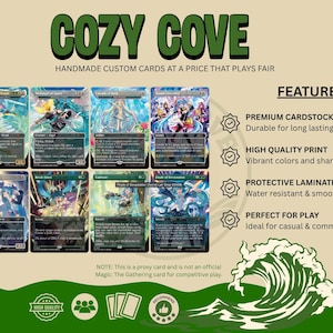 Könnte beinhalten: Eine Werbegrafik für Cozy Cove mit acht benutzerdefinierten Sammelkarten mit Anime-Illustrationen. Der Text enthält COZY COVE, HANDMADE CUSTOM CARDS AT A PRICE THAT PLAYS FAIR, FEATURES und einen Hinweis auf Proxy-Karten.