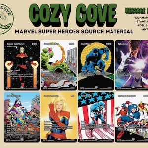 May include: A collection of eight rectangular trading cards featuring Marvel superhero illustrations. The cards display various characters including Captain Marvel, Black Panther, and Iron Man, with printed text, game symbols, and borders. The top of the image includes the text COZY COVE and MARVEL SUPER HEROES SOURCE MATERIAL.