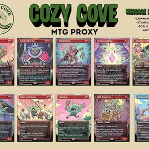 Peut inclure: Une collection de dix cartes proxy Magic: The Gathering personnalisées avec des illustrations sur le thème des gobelins. Le texte en haut indique COZY COVE MTG PROXY et MESSAGE FOR DETAILS. Les cartes présentent divers personnages fantastiques.