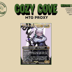 Könnte beinhalten: Eine Magic: The Gathering Proxy-Karte mit Y'shtola, Night's Blessed, einem Katzen-Hexenmeister-Charakter mit weißem Haar und Ohren. Der Kartentext enthält Fähigkeiten wie Wachsamkeit. Oben im Bild steht der Text COZY COVE MTG PROXY und MESSAGE FOR DETAILS mit Listen für Commander-Decks, Standard-Decks, Foil- und Non-Foil-Karten sowie beliebige Karten.