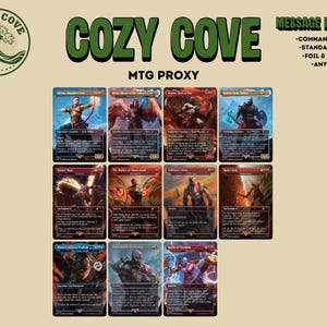 Puede incluir: Una colección de once cartas proxy de Magic: The Gathering dispuestas en tres filas. El logotipo de la parte superior izquierda dice COZY COVE con un gráfico de olas. El texto de la derecha dice MESSAGE FOR DETAILS, COMMANDER DECKS, STANDARD DECKS, FOIL & NONFOIL, ANY CARD.
