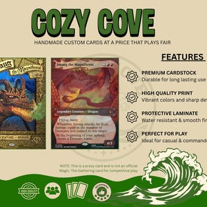 Peut inclure: Deux cartes à collectionner personnalisées Smaug the Magnificent présentées sur un fond clair. La carte de gauche montre un dragon dans un cadre doré, celle de droite un dragon rouge avec du texte de jeu. Texte inclus : COZY COVE, FEATURES.