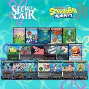 May include: A collection of Magic: The Gathering Secret Lair x SpongeBob SquarePants trading cards featuring colorful illustrations of characters like SpongeBob, Patrick, and Squidward, alongside land cards and various spell cards with text.