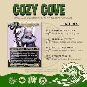 May include: A custom Y'shtola, Night's Blessed trading card featuring a cat warlock character illustration. The card includes text detailing game abilities, premium cardstock, high-quality print, protective laminate, and a disclaimer about proxy status.