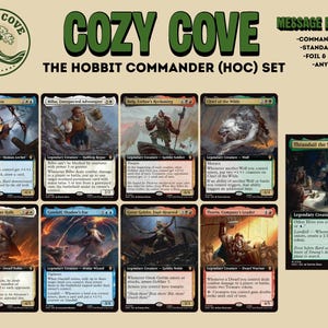 May include: A collection of nine Magic: The Gathering trading cards from The Hobbit Commander set, featuring characters like Bard, Bilbo, and Thranduil. The display includes the Cozy Cove logo and text detailing custom deck options.