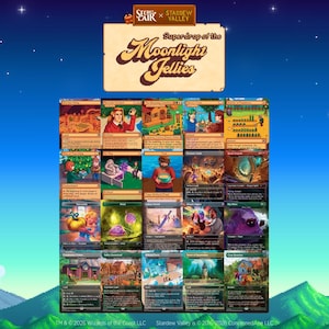 Może przedstawiać: Kolekcja Secret Lair x Stardew Valley Superdrop of the Moonlight Jellies zawierająca dwadzieścia kart kolekcjonerskich ułożonych w siatkę. Każda karta przedstawia unikalne ilustracje w stylu pixel art, tekst gry oraz obramowania na ciemnym tle.