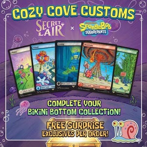 May include: A promotional graphic for Cozy Cove Customs featuring five Magic: The Gathering cards themed after SpongeBob SquarePants. The cards display Plains, Island, Swamp, Mountain, and Forest lands with iconic Bikini Bottom imagery and characters.