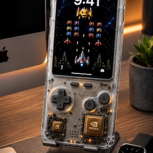 May include: A transparent smartphone case with a retro handheld gaming console design, featuring a D-pad, A and B buttons, and visible internal circuitry with gold NVIDIA branding. The screen displays a space shooter game with the time 9:41.