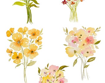 Watercolor Floral Bouquet Wall Art Prints Set of 5 | Digital Download
