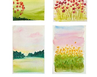 Handgemalte Aquarell Mohnfeld Drucke | Goldene Stunde 5er-Set Landschaften (Digitaler Download)