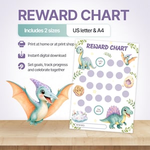 May include: A dinosaur-themed reward chart featuring a light blue pterodactyl, a green long-necked dinosaur, and a green spiky dinosaur. The chart includes purple circular spaces for tracking progress, green foliage accents, and the text REWARD CHART.