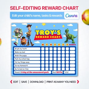 May include: A blue Toy Story themed reward chart featuring Buzz Lightyear, Woody, Mr. Potato Head, and Rex. The chart includes the text TROY'S REWARD CHART, a list of tasks, a grid for tracking progress, and a reward section. Two yellow balls with red stars are visible.