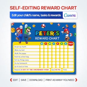May include: A blue reward chart featuring Mario and Luigi characters, gold coins, and mushrooms. The text reads PETER'S REWARD CHART, with rows for tasks like Brush my teeth and Make my bed. It includes columns for days of the week and a points section.
