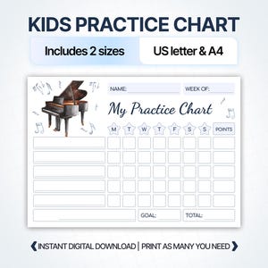 Peut inclure: Un tableau de suivi de pratique pour enfants blanc avec une illustration de piano à queue à l'aquarelle, des notes de musique et le texte "KIDS PRACTICE CHART", "Includes 2 sizes", "US letter & A4", "My Practice Chart", "NAME:", "WEEK OF:", "GOAL:", "TOTAL:".