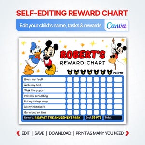 May include: A printable reward chart featuring Mickey Mouse and Donald Duck graphics. The text reads Robert's Reward Chart with columns for days of the week and rows for tasks like brush my teeth, make my bed, and walk the puppy. Includes a reward section.