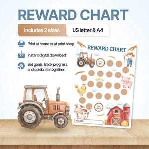 May include: A reward chart featuring farm-themed watercolor illustrations including a tractor, a barn, a pig, a cow, a chicken, and a farmer. The chart includes text that reads REWARD CHART, Let's go, You did it, and REWARD. It is available in US letter and A4 sizes.