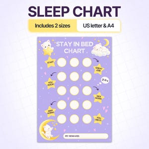 May include: A purple sleep chart with a grid of white circles, featuring illustrations of white kittens, yellow stars, a crescent moon, and clouds. Text includes SLEEP CHART, STAY IN BED CHART, START, YOU ROCK, KEEP GOING, GREAT JOB, Z-Z-Z, NICE WORK, YOU DID IT, and MY REWARD.