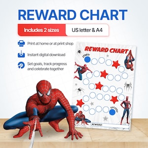 Könnte beinhalten: Ein druckbares Belohnungsdiagramm mit Spider-Man-Grafiken, das einen Pfad aus blauen Kreisen und roten Sternen enthält, mit dem Text REWARD CHART, START, SUCCESS und REWARD. Das Design zeigt Bilder von Spider-Man und Spinnensymbole.