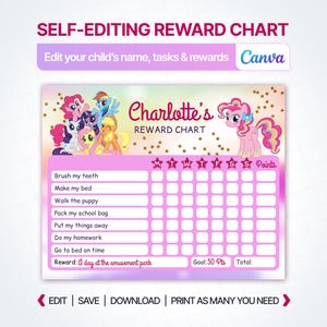 Può includere: Una tabella dei premi modificabile con pony colorati, stelle dorate e il testo Charlotte's Reward Chart. La griglia include righe per attività come Brush my teeth, Make my bed e un obiettivo di 50 Pts. Include un'intestazione e un piè di pagina rosa.