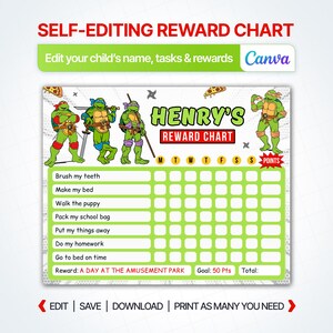Ninja Turtles EDITABLE Reward Chart | Behavior Reward Chart for Kids, Chore Chart, Daily Editable Checklist | Instant Edit and Download
