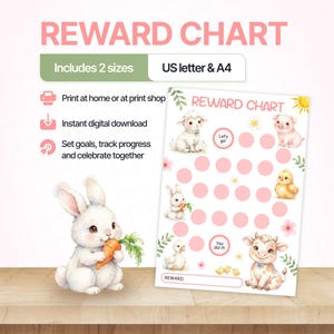 以下が含まれることがあります： 子羊、豚、ひよこ、ウサギ、アヒル、子牛のイラストが描かれたごほうびチャート。進捗を記録するためのピンクの円、REWARD CHART、Let's go!、You did it!という文字、報酬記入欄があります。ニンジンを持ったウサギのイラストも添えられています。