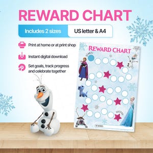 May include: A printable reward chart featuring characters from Frozen, including Anna, Elsa, Olaf, and Sven. The chart has a light blue background with snowflake patterns, white circular spaces, and pink star icons. Text includes REWARD CHART, START, and SUCCESS.