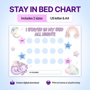 Pode incluir: Uma tabela de recompensa com o texto I STAYED IN MY BED ALL NIGHT! apresentando uma lua a dormir, um arco-íris, um dragão e uma nuvem. A tabela inclui círculos azul-claros para marcar o progresso e estrelas com texto impresso.