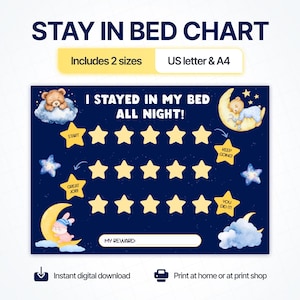 Può includere: Una tabella dei premi blu scuro intitolata STAY IN BED CHART con il testo I STAYED IN MY BED ALL NIGHT! Presenta illustrazioni ad acquerello di orsacchiotti e un coniglio su nuvole e lune, con file di stelle gialle ed etichette di testo.